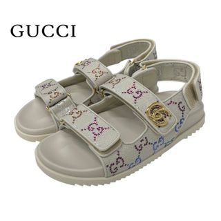 グッチ(GUCCI)のグッチ GUCCI ダブルG サンダル 靴 シューズ ファブリック レザー アイボリー マルチカラー ゴールド GGマーモント ラインストーン(サンダル)