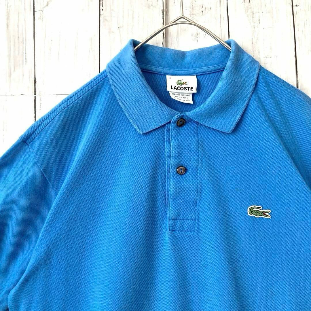 LACOSTE(ラコステ)のLACOSTEラコステ　ワンポイントワニ刺繍ロゴ鹿の子ポロシャツ 青M相当　古着 メンズのトップス(ポロシャツ)の商品写真