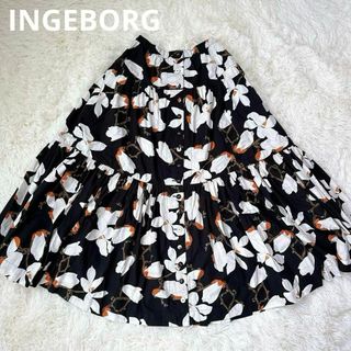 インゲボルグ(INGEBORG)のインゲボルグ ピンクハウス フレア ロングスカート 花柄 総柄 フラワー 黒 白(ロングスカート)