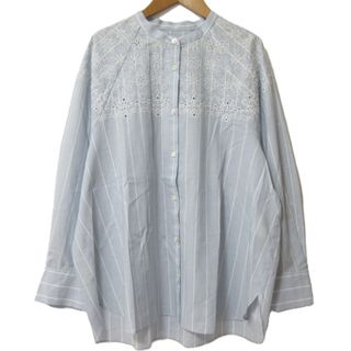 自由区 - 未使用 25SS 自由区 エンブロイダリーブロードシャツ ブラウス BLWRGM0407 大きいサイズ 44 サックスブルー×オフストライプ レディース 古着 中古 USED