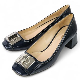 プラダ(PRADA)の美品 PRADA プラダ パテントレザー ターンロック チャンキーヒール パンプス サイズ36.5 約23.5cm ネイビー レディース 古着 中古 USED(ハイヒール/パンプス)