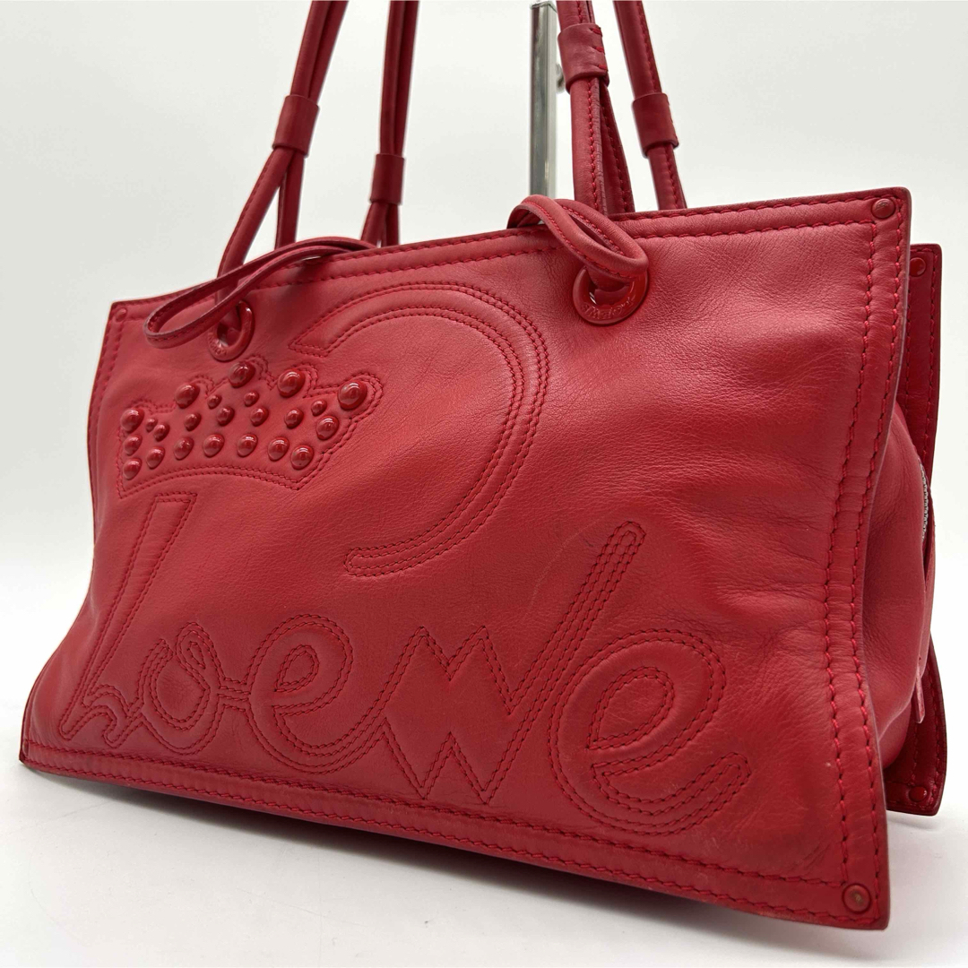 LOEWE(ロエベ)の【美品】ロエベ ショッパー トートバッグ スタッズ ロゴ レザー 赤 肩掛け レディースのバッグ(トートバッグ)の商品写真