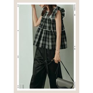 最新　チェックシアーフリルメローチュニック　frene lumier(シャツ/ブラウス(半袖/袖なし))