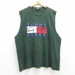 トミーヒルフィガー(TOMMY HILFIGER)のXL★古着 トミーヒルフィガー TOMMY HILFIGER トミージーンズ ノースリーブ ブランド Tシャツ メンズ 90年代 90s ビッグロゴ 大きいサイズ コットン クルーネック 緑 グリーン 25jul17 中古(タンクトップ)