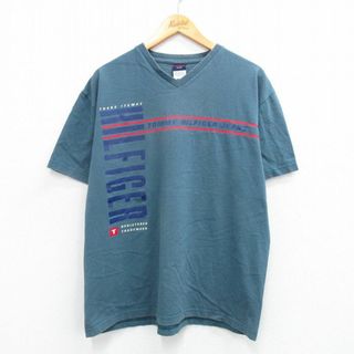 トミーヒルフィガー(TOMMY HILFIGER)のXL★古着 トミーヒルフィガー TOMMY HILFIGER トミージーンズ 半袖 ビンテージ ブランド Tシャツ メンズ 90年代 90s ビッグロゴ コットン Vネック USA製 紺系 ネイビー 【spe】 25jul17 中古(Tシャツ/カットソー(半袖/袖なし))