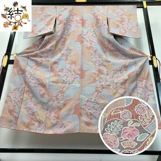 MK-1520 小紋 縮緬 花模様 金彩 灰青色(着物)