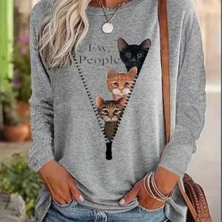 長袖Tシャツ  猫柄プリント  M(猫)