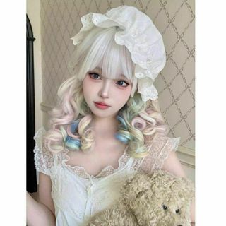 ❤️新品❤️ロリータウィッグ ぱっつん前髪 虹色 原宿風 GAL系 レディース(ロングカール)