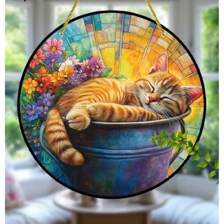 ステンドグラス風　サンキャッチャー　茶トラ　猫　 猫の壁飾り　壁掛け　ネコ　ねこ(その他)