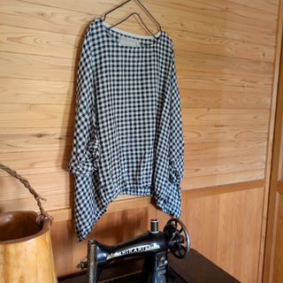 6 チェック白×黒リネンすずらんプルオーバー(チュニック)