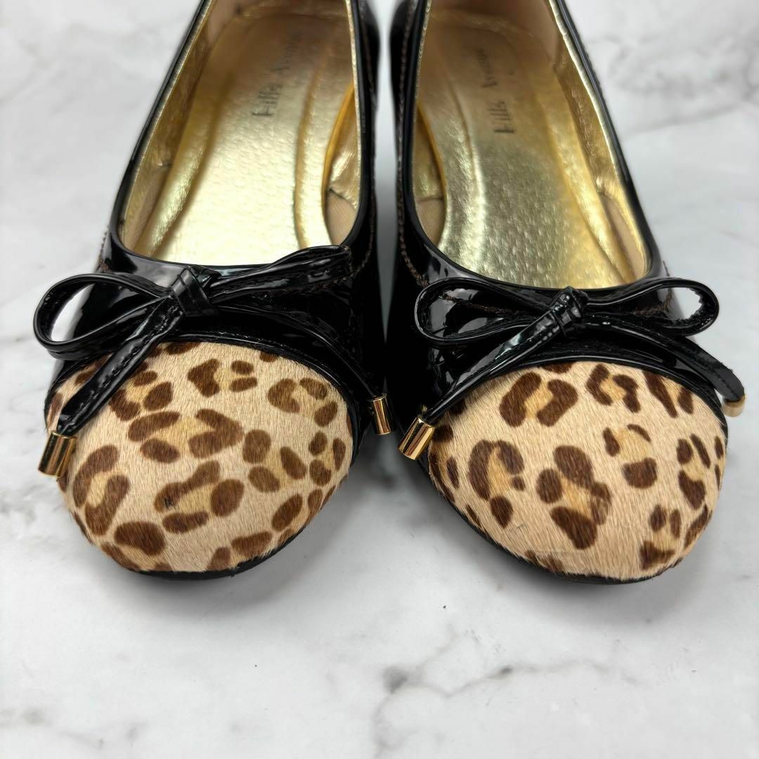 【美品】hills avenue エナメル バレエ パンプス 23 黒 ヒョウ柄 美品】hills avenue エナメル バレエ パンプス 23 黒 ヒョウ柄