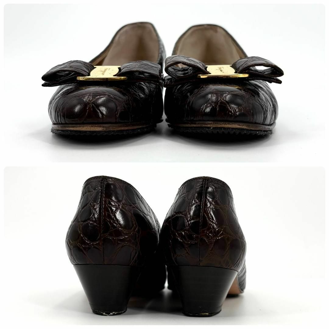 ほぼ未使用　フェラガモ　クロコ型押し　パンプス　ヒール　ブラック　23.5 Salvatore Ferragamo - 極美品 Salvatore Ferragamo ヒール