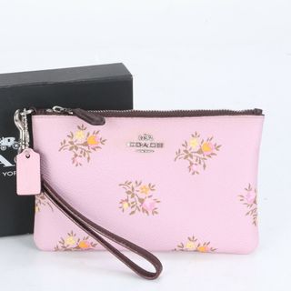 コーチ(COACH)の新品同様 コーチ ストラップ付 リストレット レザー ポーチ フラワー 花柄 ピンク アクセサリー メイク 22835 レディース RCE CJ14-6(ポーチ)