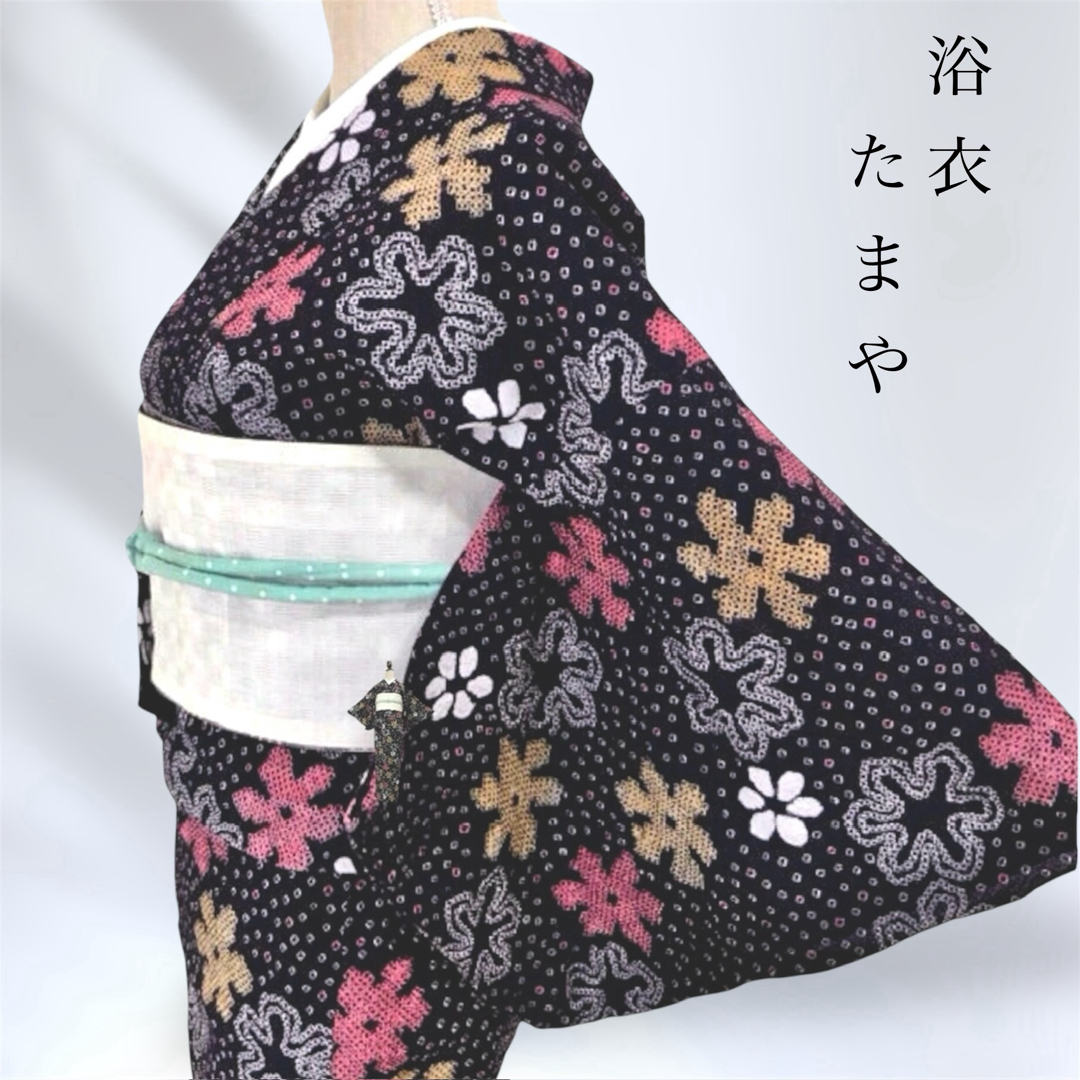 #【 特選＊絞り 浴衣 】 ★ ゆかた 品のある黒地に美しく舞う花吹雪＊   レディースの水着/浴衣(浴衣)の商品写真