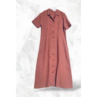 希少 90s 半袖シンプルロングワンピース リネンライク ワインレッド 古着(ロングワンピース/マキシワンピース)