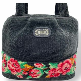 フェイラー(FEILER)の美品　FEILER フェイラー　ハンドバッグ　花柄　ブラック(ハンドバッグ)