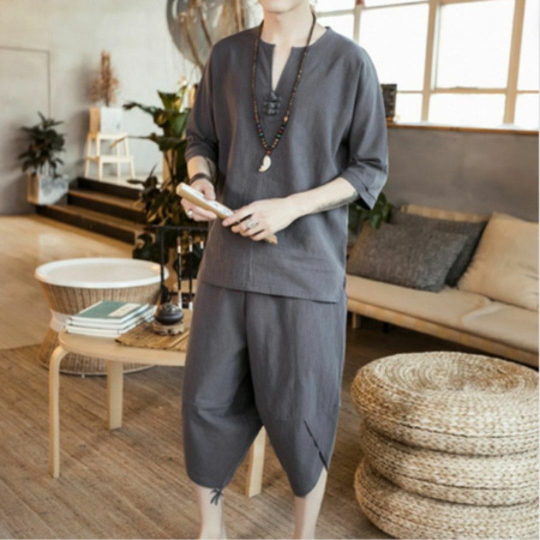 3XL グレー 上下セット ルームウェア メンズ 天然素材 半袖 ハーフパンツ メンズの水着/浴衣(浴衣)の商品写真