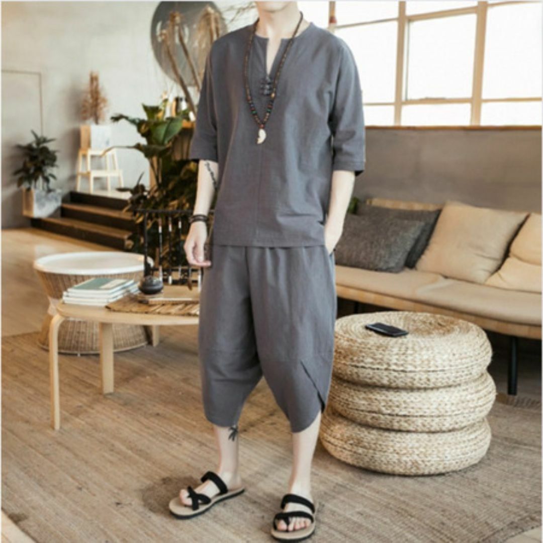 3XL グレー 上下セット ルームウェア メンズ 天然素材 半袖 ハーフパンツ メンズの水着/浴衣(浴衣)の商品写真