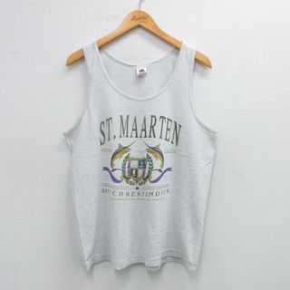 フルーツオブザルーム(FRUIT OF THE LOOM)のM★古着 フルーツオブザルーム ビンテージ タンクトップ メンズ 90年代 90s ST MAARTEN カジキ クルーネック USA製 薄グレー 霜降り 25jul18 中古(タンクトップ)