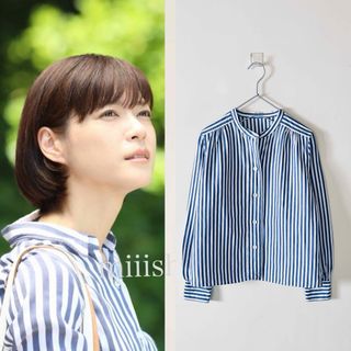 マーガレットハウエル(MARGARET HOWELL)の美品 マーガレットハウエル コットンリネン ボールドストライプノーカラーシャツ(シャツ/ブラウス(長袖/七分))