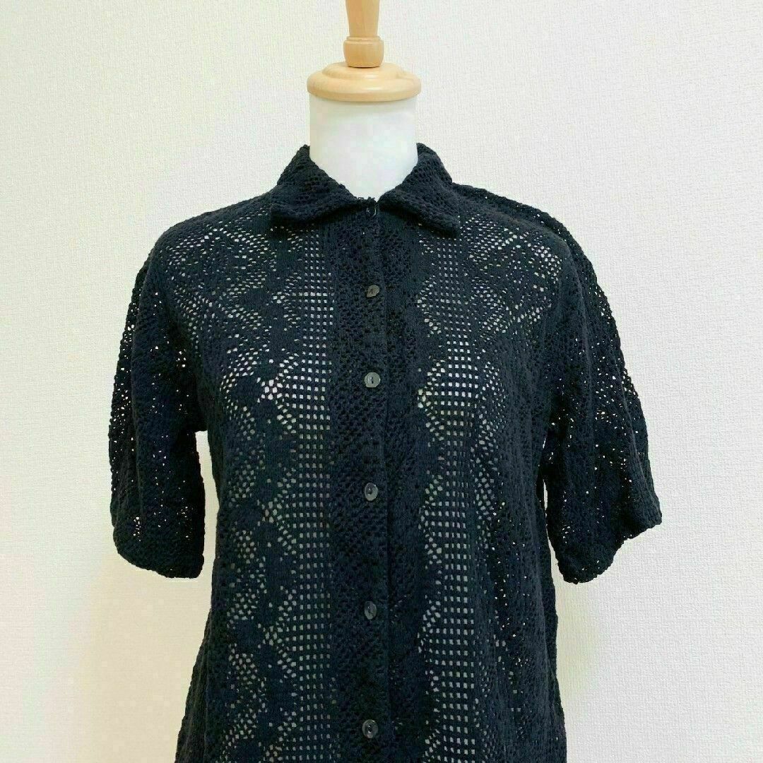 LOWRYS FARM(ローリーズファーム)のローリーズファーム　半袖シャツ　F　ブラック　レース　ニット　綿　ナイロン レディースのトップス(カットソー(半袖/袖なし))の商品写真