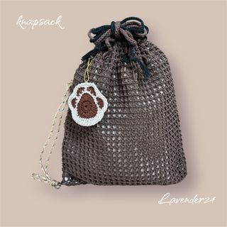 ナップサック　ショルダーバッグ　ハンドメイド　編み物　メッシュ編み　ブラウン　(バッグ)