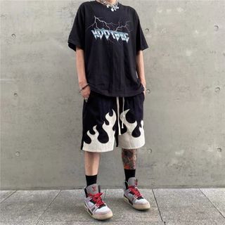 メンズ ショートパンツ XL 韓国 ハーフパンツ 黒 炎 LL 半ズボン(ショートパンツ)