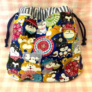 柴犬ばんがさ柄☆ハンドメイド☆巾着☆ばんがさだわん☆ネイビー(その他)