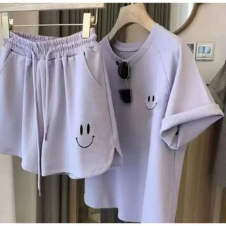 ルームウェア スウェット風 L パープル 半袖 部屋着 ハーフパンツ 薄手(ルームウェア)