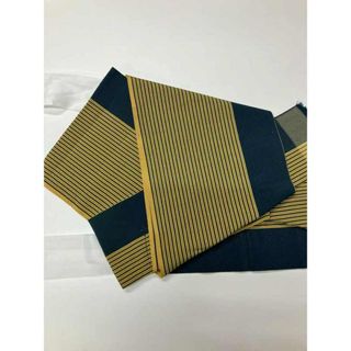 【中古】 作り帯 綿 浴衣用 貝の口結び型 半幅帯の付け帯 紐で装着 軽装帯 ベージュと緑の縞(帯)