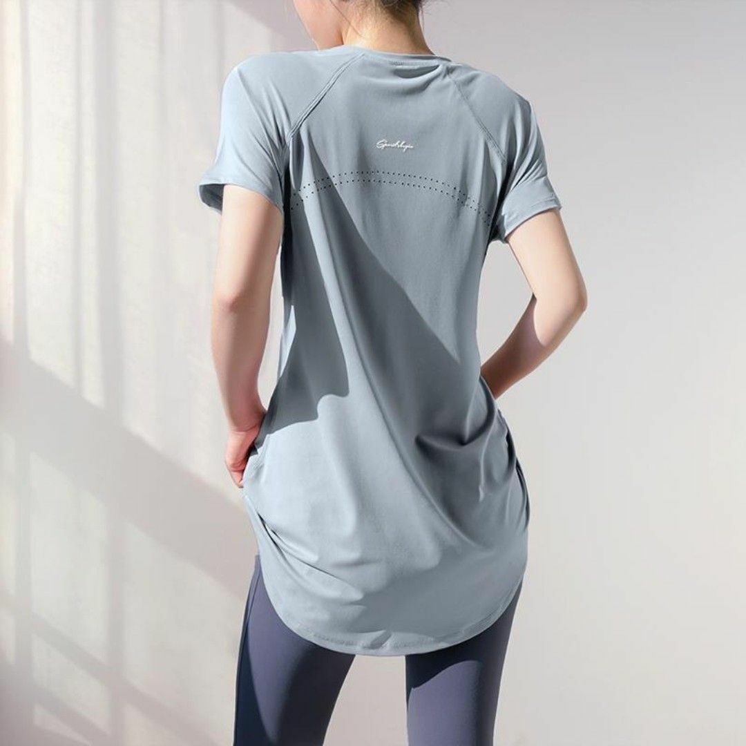 【L】ヨガウェア ジム 体型カバー Tシャツ 半袖 トップス ピラティス ピンク レディースのトップス(トレーナー/スウェット)の商品写真