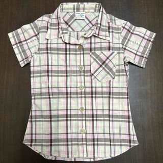 【美品】キッズチェック柄シャツ110cm 半袖ピンクブラウン