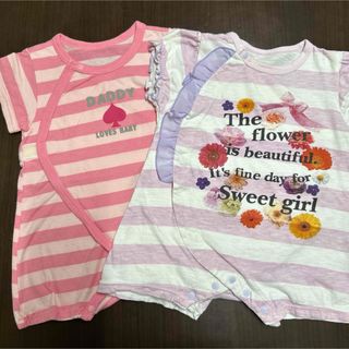 ボーダー花柄ロンパース２点セット　50〜60 ピンク紫