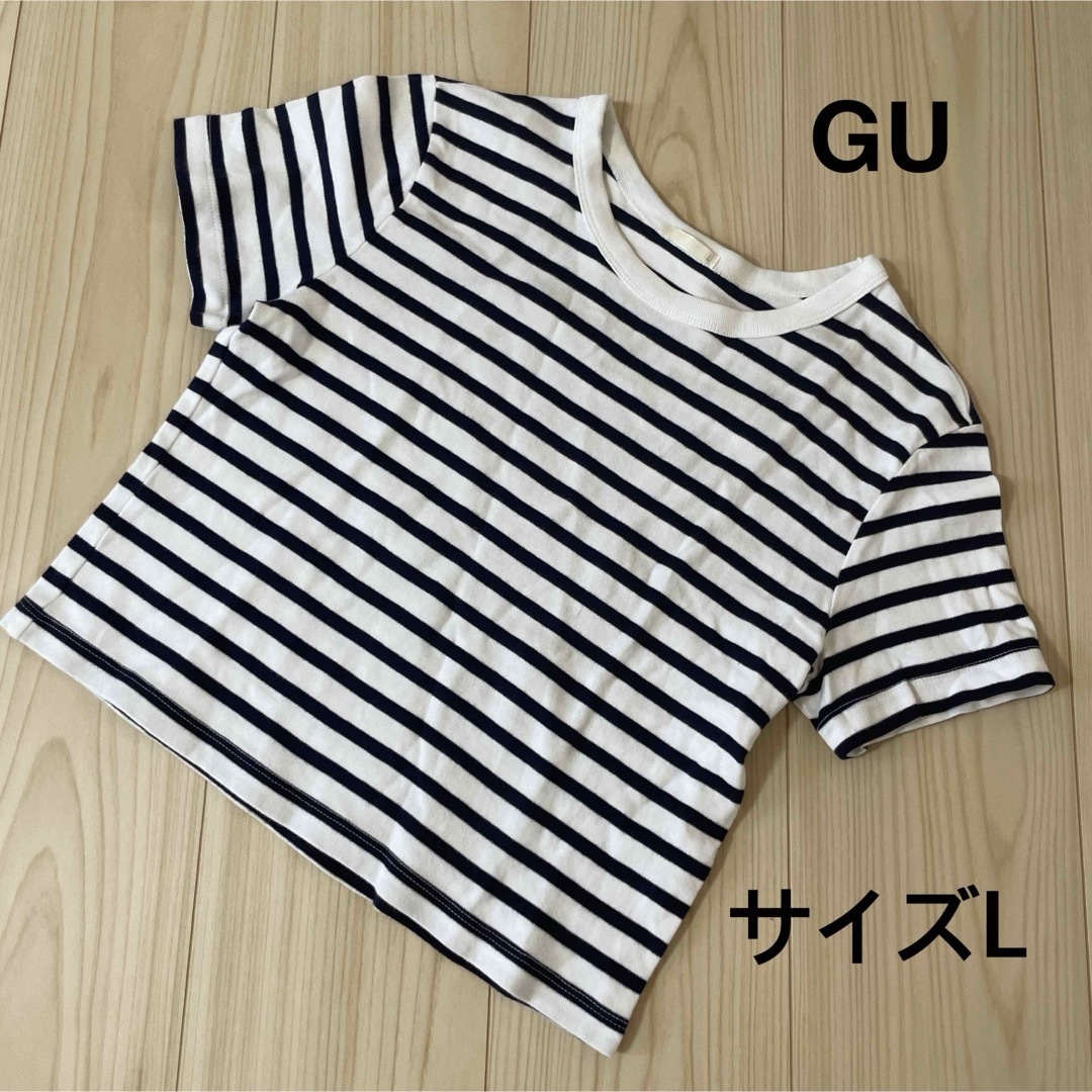 GU(ジーユー)の美品！！＊ジーユー：サイズL：ボーダー柄のショート丈の半袖Tシャツ＊ レディースのトップス(Tシャツ(半袖/袖なし))の商品写真