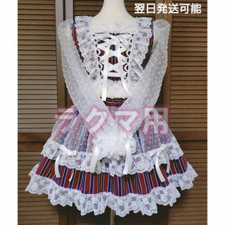 アイドル衣装 赤×紺色 編み上げリボン ハンドメイド オリジナル コスプレ衣装(衣装)