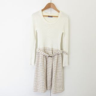 ブルーレーベルクレストブリッジ(BLUE LABEL CRESTBRIDGE)のBLUE LABEL CRESTBRIDGE ブルーレーベルクレストブリッジ 長袖 ひざ丈 ツイード ドッキング ニットワンピース サイズ38 ホワイト レディース 古着 中古 USED(ひざ丈ワンピース)