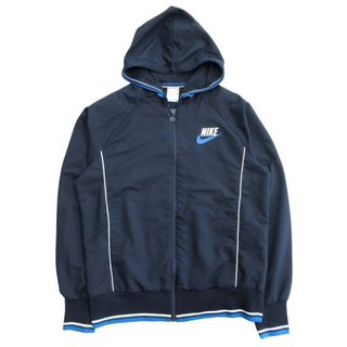 ナイキ(NIKE)の美品 NIKE ナイキ スポーツウェア ジップアップ ブルゾン パーカー ジャージ ロゴ ライン フード サイズL 紺 ネイビー レディース 古着 中古 USED(ブルゾン)