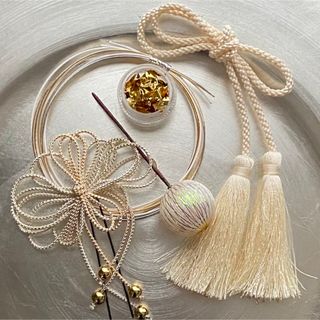 ヘアドレスセット　人気の金箔&水引アレンジ　ダブルタッセル　リボン　和装髪飾り(ヘアピン)