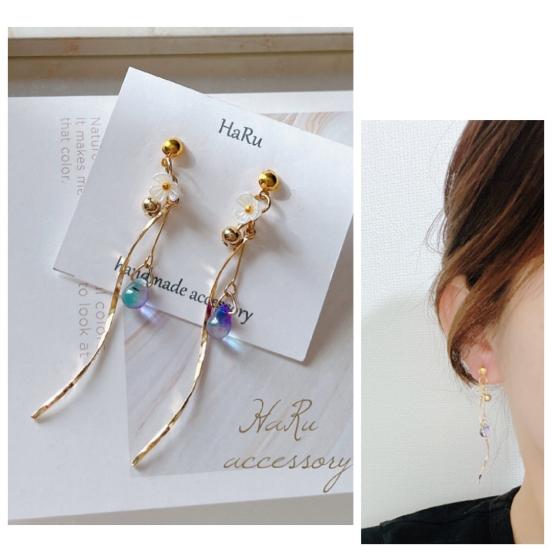【 Q2 】チェコビーズ フラワー ツイスト ハンドメイド ピアスorイヤリング ハンドメイドのアクセサリー(ピアス)の商品写真