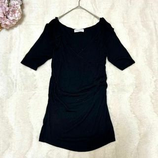 美品【KUMIKYOKU SIS】ドレープシャツ　半袖　M～Lサイズ　黒(Tシャツ(半袖/袖なし))
