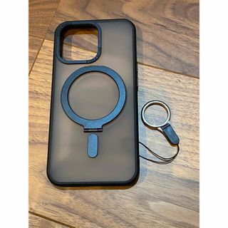 iPhone13 pro ケース スタンド機能 ブラック マット ストラップ付(iPhoneケース)