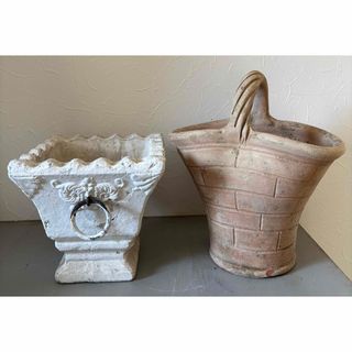 アンティーク調陶器鉢2個まとめ売り　バスケットモチーフ(プランター)