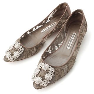 マノロブラニク(MANOLO BLAHNIK)のマノロブラニク ハンギシ レース ファブリック フラット パンプス カーキ 36.5【中古】(ハイヒール/パンプス)