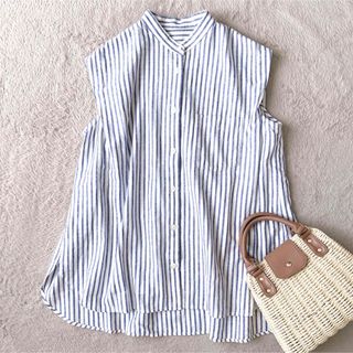 ビューティアンドユースユナイテッドアローズ(BEAUTY&YOUTH UNITED ARROWS)の美品★ビューティアンドユース　リネン混　ストライプ　ノースリーブ　シャツ　白　紺(シャツ/ブラウス(半袖/袖なし))
