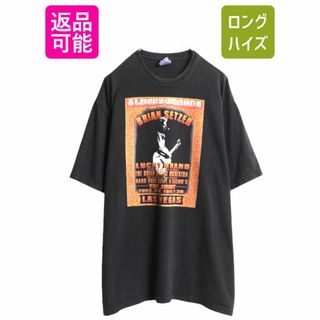 00s USA製 ラッキーブランド ブライアン セッツァー プリント Tシャツ メンズ L 古着 オールド イラスト ヘビーウェイト バンド ロック 黒(Tシャツ/カットソー(半袖/袖なし))