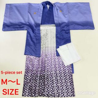 紋付袴 5点セット 着物 羽織 袴 長襦袢 角帯 裄70.6cm 袴丈86cm M〜L 紫 グレー 五つ紋 中古 4518(着物)