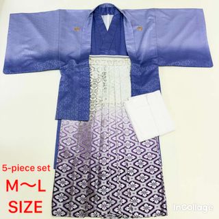 紋付袴 5点セット 着物 羽織 袴 長襦袢 角帯 裄70cm 袴丈86cm M〜L 紫 グレー 五つ紋 中古 4519(着物)