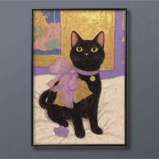 絵画 | イラストポスター 141☆ 【黒猫はきれいな紫色のリボンをつけている】(絵画/タペストリー)
