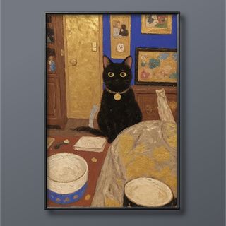 絵画 | イラストポスター 142 ☆ 【黒猫はご飯を食べたくなった】(絵画/タペストリー)