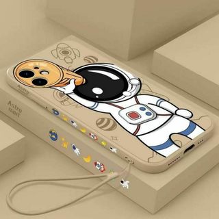 iPhoneケース　宇宙飛行士　ストラップ付き　可愛い ♪ アニメ　ベージュ(iPhoneケース)